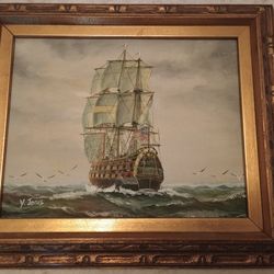 Original Signed Art Painting On Canvas Ship Boat Maritime Marine Sailing Man O War Galleon Ocean Sea