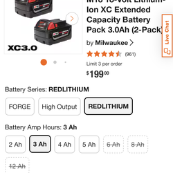 Milwuakee M18 18-Volt Lithium-Ion XC Extended Capacity Battery Pack 3.0AH (2-Pack) BRAND NEW