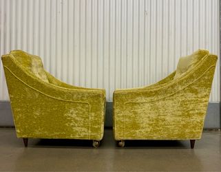 MCM 1960’s low profile sloped arm chartreuse green crushed velvet lounge chairs