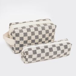 Lovely Checkered Canvas Cosmetic Makeup Pouch Or Jewelry Organizer Set