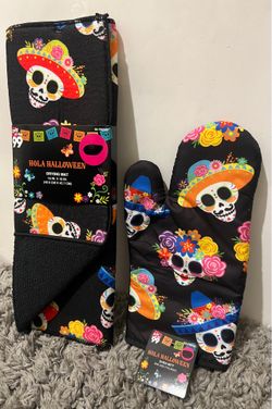 DIA DE LOS MUERTOS SUGAR SKULL KITCHEN SET 1 DRYING MAT & 1 OVEN MITT - NEW!