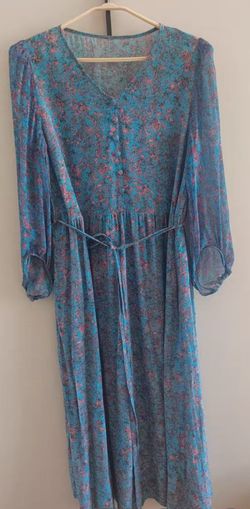100% Silk Floral Midi Dress, V-Neck 3/4 Sleeve with Waist Tie, Blue & Pink