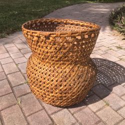 Large Antique Caned Wicker Webbed Basket - Excellent 