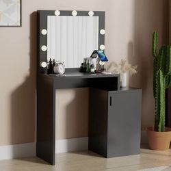 Black Vanity Desk with Charging Station, Makeup Vanity Desk with Mirror and Lights, Vanity Table for Bedroom, Living Room