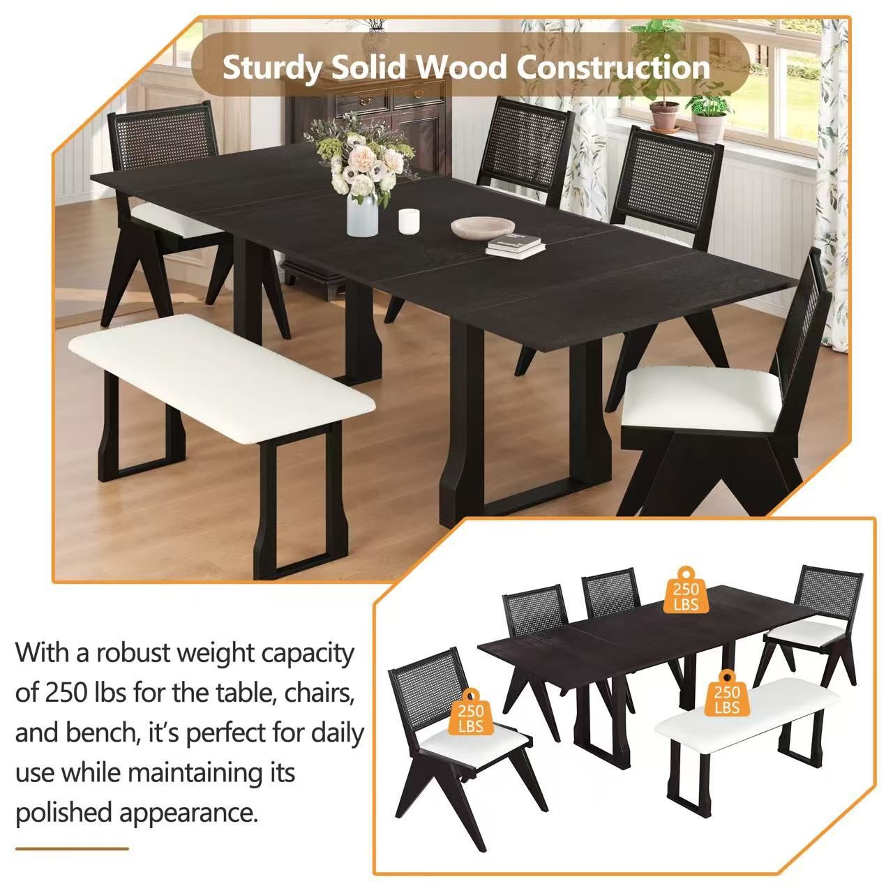 Modern 6-Piece Extendable Dining Table Set with 4 Upholstered Dining Chairs and Long Bench 