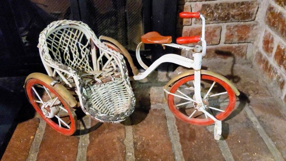 Antique Doll, Plant, Bicycle 3-Wheel With Wicker Sidecar