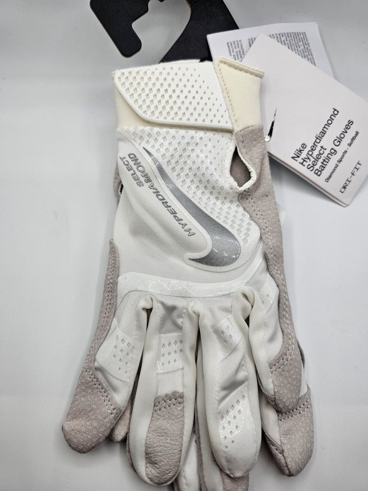 Nike Hyperdiamond Select Batting Gloves Adult White/Silver Softball Size Large
