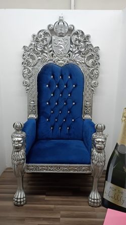 7ft Throne Chair Blue Velvet and Silver