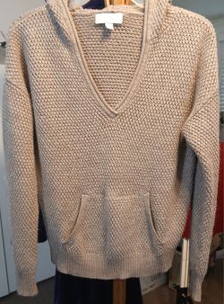 Vintage New York & Company Taupe/Tan V-Neck Knit Hoodie w/ Front Pocket (M)
