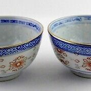 Pair of Chinese Porcelain Rice Bowls with Blue Dragon Centers Gold Trim W/ Spoon
