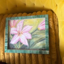 8x10 Hand-painted Pink LilyWatercolor In Handmade Green Frame 