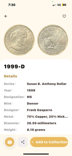 1999-D Susan B Anthony Dollar BU Mint State UNC Last Year Issue
