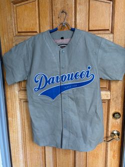 Vintage Davoucci Leather Baseball Jersey L Gray Blue Snap Button Y2K Streetwear