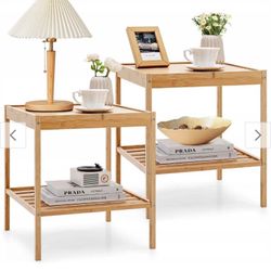 costway Bamboo Nightstand Set of 2, End Table with Lower Storage Shelf, 2-pcs Sofa Side Table for Small Space, Multipurpose Bedside Table for Home Off