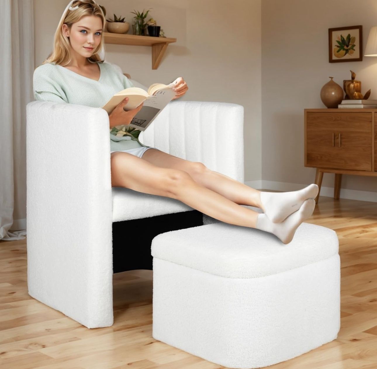 Reading Accent Chair with Storage Ottoman, Modern Living Room Armchair, Cream Boucle Upholstered Barrel Sherpa Chair with Footrest for Bedroom/Reading