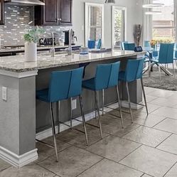 Modern Teal Blue Leather Bar Stools & Chairs – 3 Bar Stools + 5 Chairs 