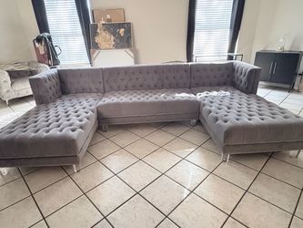 Gray Velvet Tufted Sectional Sofa