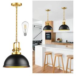 New Farmhouse Black and Gold Pendant Lights Kitchen Island, Matte Black Dome Pendant Lighting Gold Vintage Metal Hanging Ceiling Light Fixture
