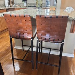 Set of 2 Woven Leather Bar Stools 