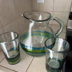 Decorative Handblown Glass Pitcher + Glasses
