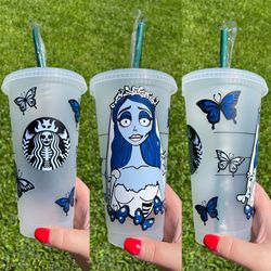 Corpse Bride Emily // Tim Burton Inspired Customized Starbucks Cold Cup // Halloween // Spooky Season // Wedding // Skeleton 