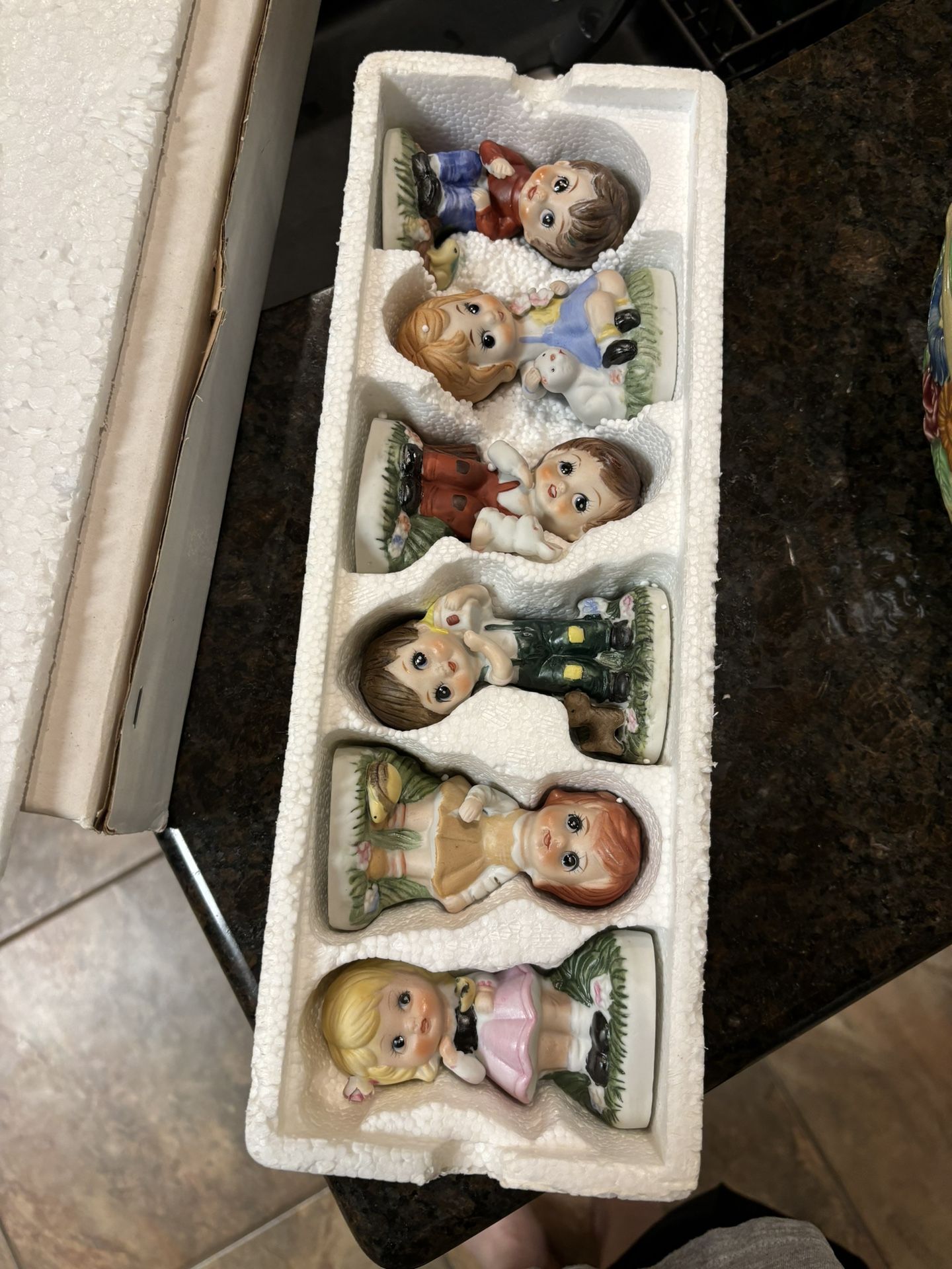 Vintage Set Of 6 Easter Boys and Girls Pottery Figurines, New in Box, Korea