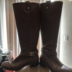 Michael Kors Charm Riding Equestrian Mocha Brown Leather Knee High Boots 7.5M 