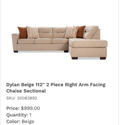 Dylan Beige 112'' 2 Piece Right Arm Facing Chaise Sectional