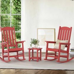 1 Bright red Plastic Adirondack Outdoor Rocking Chair with High Back with 1 Table, Porch Rocker for Backyard   Brand new in box - Assembly is required
