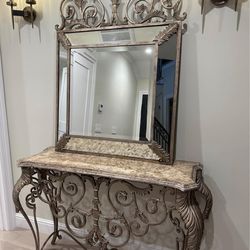 Vintage metal table and wall mounted mirror set
