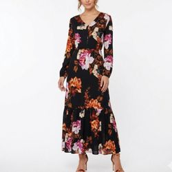 Beige by eci Black Floral Print Buttoned Balloon Sleeve  Maxi Dress Cottagecore  