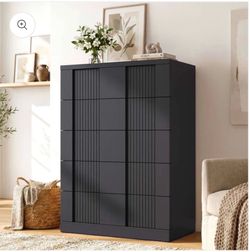 HAUOMS 43.3 Tall Inch Dresser with 5 Drawer Fluted Wood Chest Storage Cabinet for Living Room Hallway Entryway Home Office