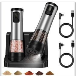 Electric Salt and Pepper Grinder Set with LED Light, 5 External Adjustable Coarseness, 800mAh Battery Life, 100ml*2 Large Capacity and Upgraded 2-Spee