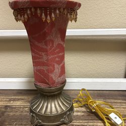 Vintage Table Lamp With Red Fabric Shade & Beaded Trim 