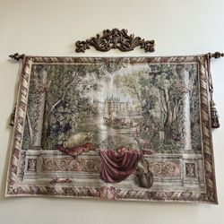 Elegant Wall Tapestry with Ornate Rod – European Castle Scene