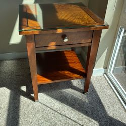 Wooden Nightstand With Glass Top And Drawer (x2)