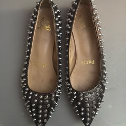 Authentic Christian Louboutin Black Leather Studded Pointed-Toe Flats