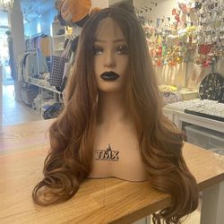 Human hair blend lace front brown with dark root wig.