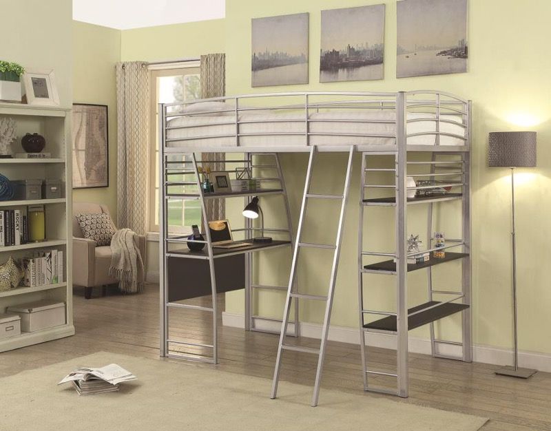 Silver Twin Loft Bed with Desk and Bookshelves (NO CREDIT CHECK FINANCING AVAILABLE)