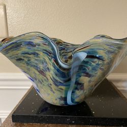 Hand-Blown Art Glass Bowl, Murano Style, Free-Formed , Raffled Edge , Multicolored 6”x11”