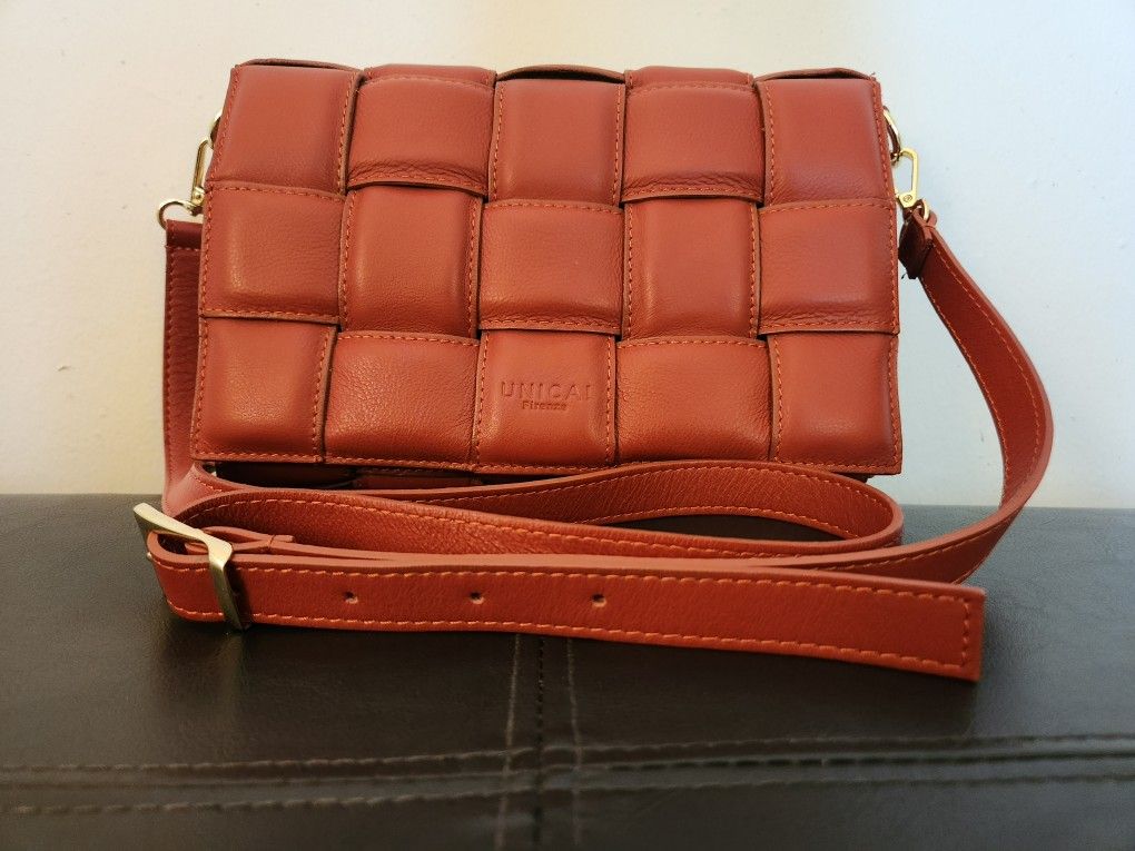 VERA PELLE UNICA! FIRENZE Quilted Italian Top Grain Leather Papaya Crossbody Purse