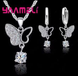 925 Sterling Silver Butterfly CZ Crystal Necklace and Earrings Set 