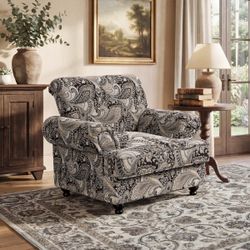 Estelle Paisley Upholstered Accent Chair, Mid-Century Armchair With Solid Wood Legs