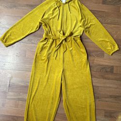 NWT Anthropologie Saturday Sunday Cozy Velvet Hooded Jumpsuit Chartreuse LRG
