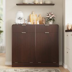 FURSUN 20 Gallons Tilt-Out Trash Can Cabinet, Fluted Laundry Hamper Cabinet with Drawers, Freestanding Pet Proof Hidden Garbage Recycling Cabinet for 
