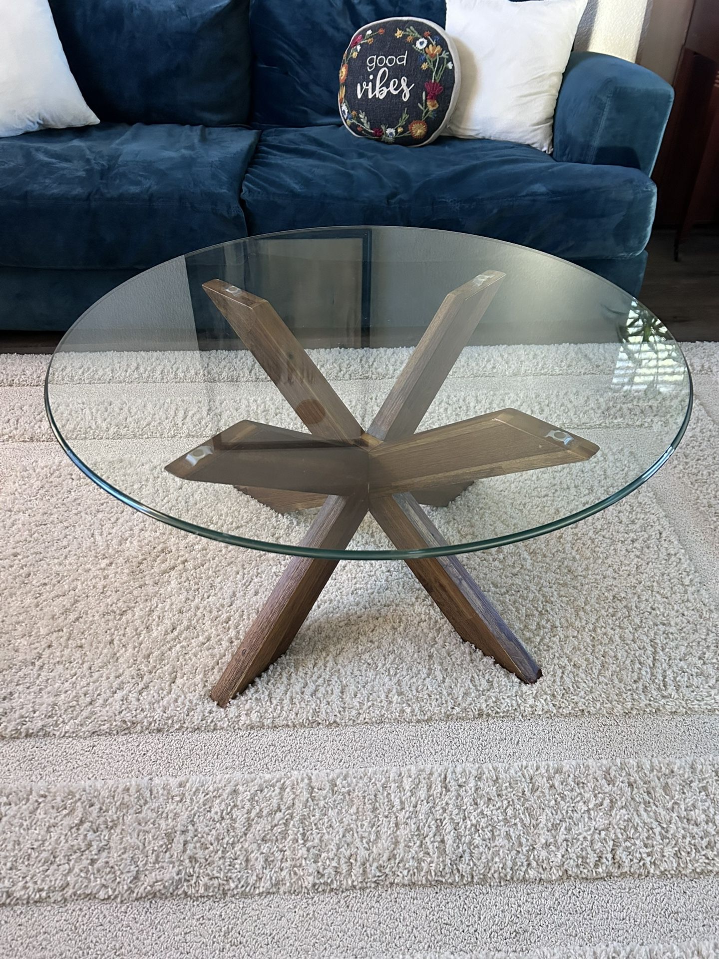 Pier One 36” Diameter Glass Coffee Table With Walnut Stand