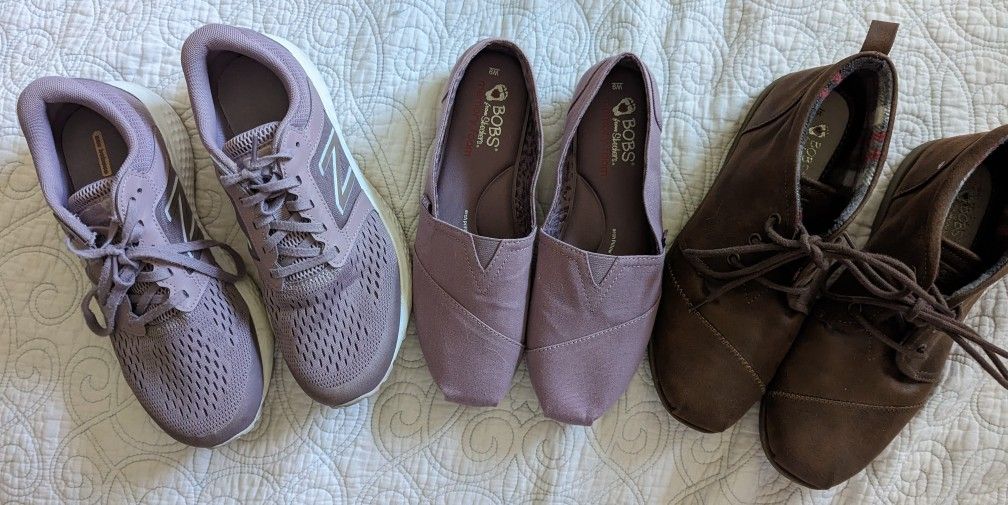 Women's size 9 bobs brown boots $30 ,lilac shoes $25 and new balance sneakers $25 or all for $70 like new