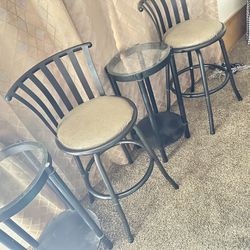Two Small End Tables & Two Swivel Bar Stools. 