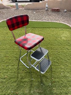Vintage Chrome Step Stool Chair with Plaid Seat