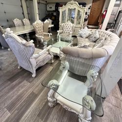 Acme Furniture Versailles Buffet & Hutch, sofa set, chairs, coffee table, side table.